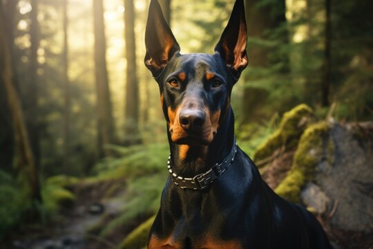 A black and brown dog sitting in the woods. This image can be used to depict nature, pets, or outdoor activities.