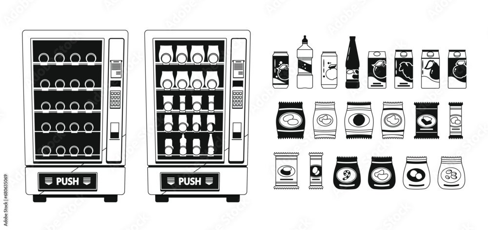 Aufkleber vending machines with snacks and beverages black and white icons set. modern devices offering a temp