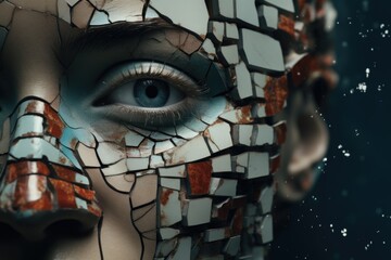 A close-up view of a person's face with a mosaic design. This unique and artistic image can be used to add a touch of creativity and individuality to various projects