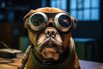 A picture of a dog wearing goggles and sitting on a table. This image can be used to depict a dog with a unique sense of style or to emphasize the importance of eye protection for pets.