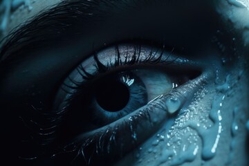 A detailed close-up of a person's eye with water droplets on it. Perfect for illustrating concepts of emotion, freshness, or even eye care.