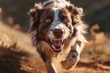 A lively brown and white dog is captured running freely on a dirt road. This image can be used to depict energy, freedom, and outdoor activities.