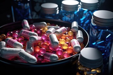 A bowl filled with lots of different colored pills. This image can be used to depict medication, healthcare, pharmaceuticals, or addiction. - obrazy, fototapety, plakaty