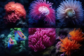 A collection of four different types of sea anemones, each displaying vibrant colors. Perfect for educational materials or marine-themed designs