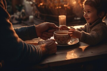 A little girl is sitting at a table and holding a cup. This image can be used to depict a child enjoying a drink or during a tea party.