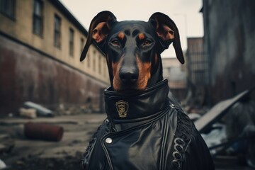 A black and brown dog wearing a stylish leather jacket. This image can be used to showcase fashion for pets or as a cute and trendy pet portrait.
