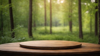 Empty wooden round table for product placement or montage with blurred forest background
