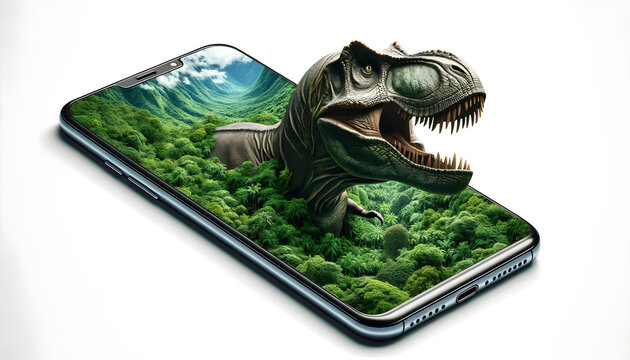 Sc&egrave;ne surr&eacute;aliste : Dinosaure tyrannosaure - rex g&eacute;ant dans un paysage forestier qui sort d'un t&eacute;l&eacute;phone