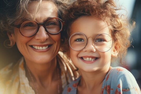 A woman and a little girl wearing glasses. This image can be used to represent family, education, or vision concepts