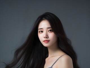 Naklejka premium a woman with long black hair posing for a picture Generative AI