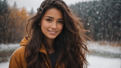 Beautiful girl with loose hair in winter