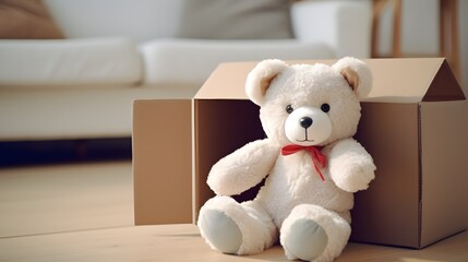 a white teddy bear sitting inside of a cardboard box Generative AI