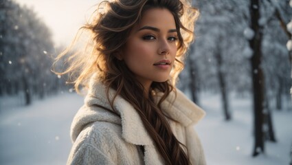 Beautiful girl with loose hair in winter