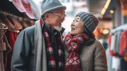 Joyful Asian senior couple happily walks through the winter city's Christmas market.