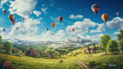  a painting of many hot air balloons flying in the sky over a green field with a house and a mountain in the distance and a blue sky with white clouds.