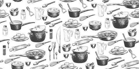 Seamless pattern with kitchen utensils for cooking. Cooking pot, mortar and pestle, saucepan, spatula, measuring cup. Sketch style peeler, knife, whisk, salt jar, pepper shaker, frying pan. Background - obrazy, fototapety, plakaty