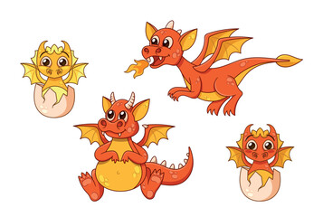 Adorable Cartoon Dragons With Vibrant Red And Yellow Scales, Sparkling Eyes, Fire And Friendly Expressions