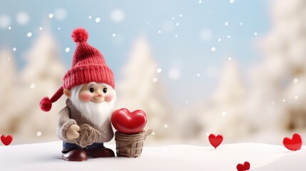  a small figurine of a gnome holding a heart in a snowy scene with hearts in the foreground and a blue sky with white clouds in the background.