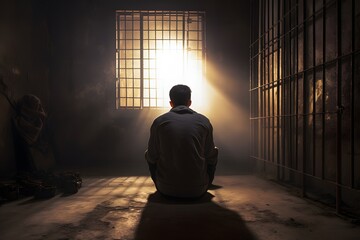 a man sitting in front of a window in a jail cell Generative AI