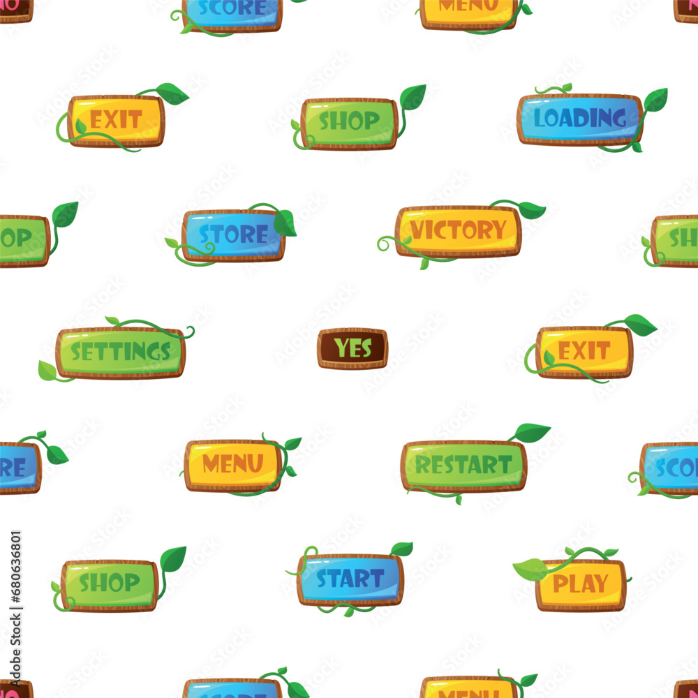 Poster seamless pattern featuring vibrant game menu buttons, arranged in a symmetrical design, vector illus
