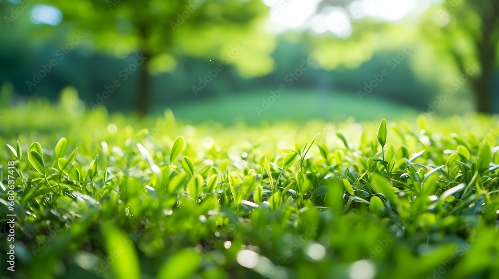 Poster a field of green grass with trees in the background generative ai