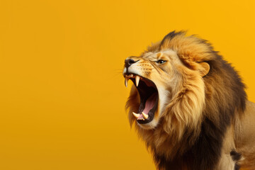lion roaring powerfully, symbolizing a loud announcement for sales and discounts on a yellow background