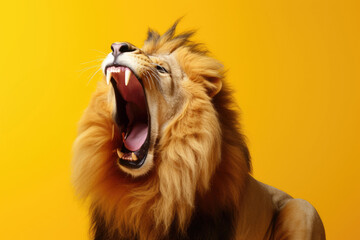 lion roar, with a mane that blends into a vivid yellow background