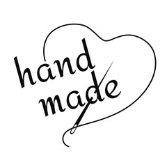 Silhouette of heart with thread, sewing needle and inscription "hand made". Black isolated vector illustration of handmade work and creative occupation	