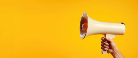 arm extended holding a pink megaphone against a yellow backdrop, copy space - obrazy, fototapety, plakaty
