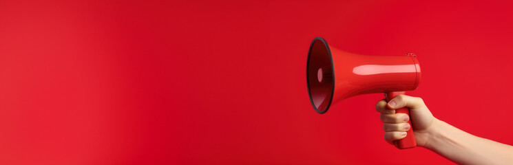 arm extended holding a pink megaphone against a red backdrop, copy space