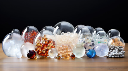  a group of glass bowls sitting on top of a wooden table next to a bowl filled with lots of different colored glass beads and beads on top of glass balls.