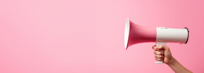 arm extended holding a pink megaphone against a pink backdrop - obrazy, fototapety, plakaty
