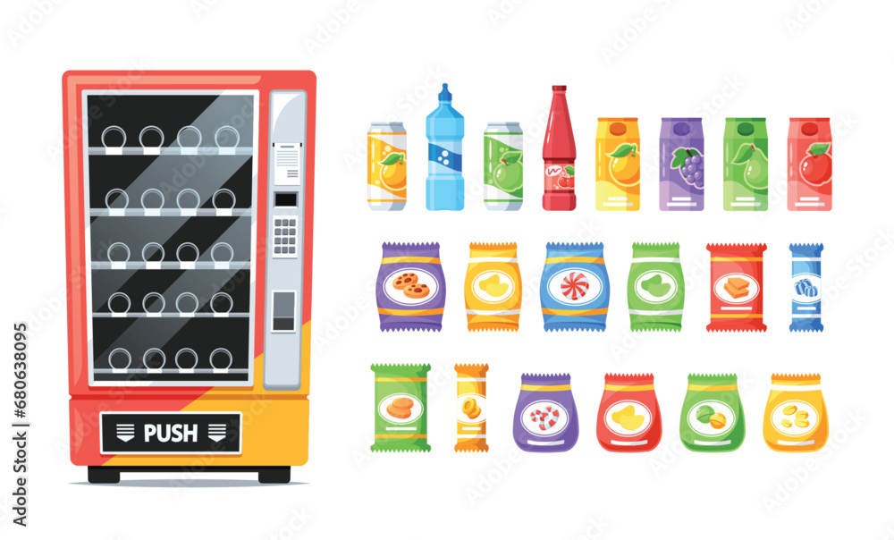 Aufkleber colorful vending machine offering a tempting array of snacks and drinks. rows of enticing products, 