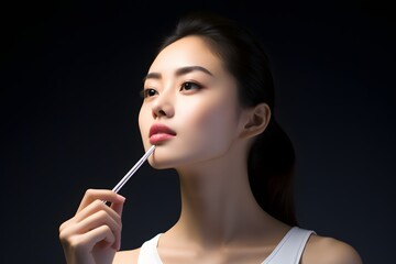 Obraz premium a woman brushing her teeth with a toothbrush Generative AI
