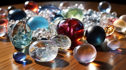  a bunch of glass marbles sitting on top of a wooden table in front of a wooden table with a wooden table top and a wooden table top with glass marbles on it.