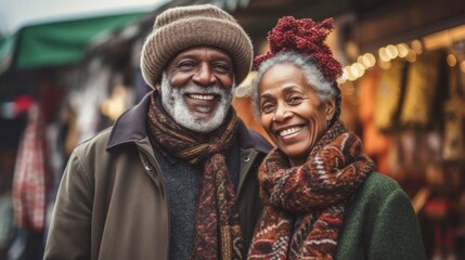 Naklejka premium Afro seniors delight in a city's winter market festivities.