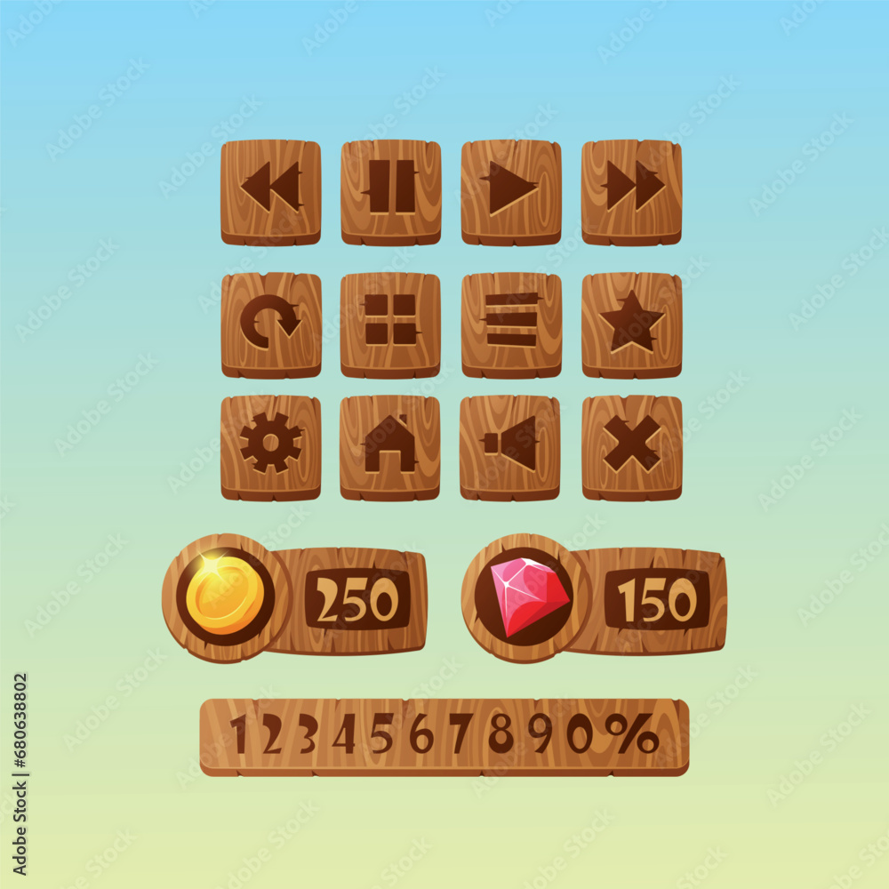 Poster wooden forest game interface buttons. cartoon gui elements, ui game assets. isolated vector menu nav
