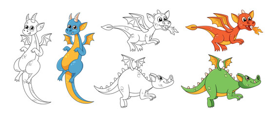 Adorable Dragons, Cartoon Characters With Colorful Scales And Monochrome Outline Personages With Playful Expressions
