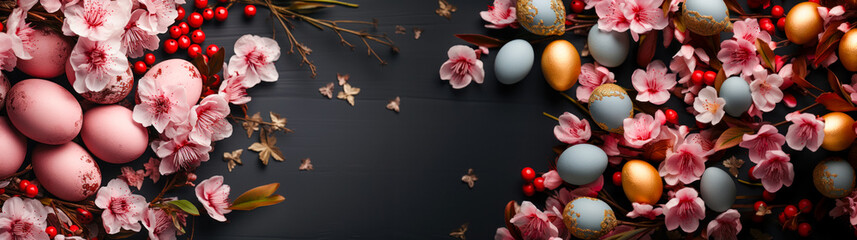 Fototapeta na wymiar Design web banner with colorful Easter eggs on a dark background, website concept