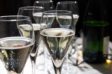 New year party, small bubbles of brut champagne cava or prosecco wine in tulip glasses with garland  lights on background