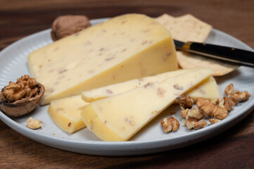 Piece of Dutch Gouda cheese made from cow milk with added walnuts close up