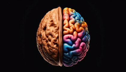 Split image of a walnut and right brain hemisphere