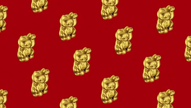 Isometric animated background with gold maneki neko (beckoning cat) figures isolated on red backdrop. Simple background for branding, banner, video wall, led screen. 4K, Ultra HD resolution.