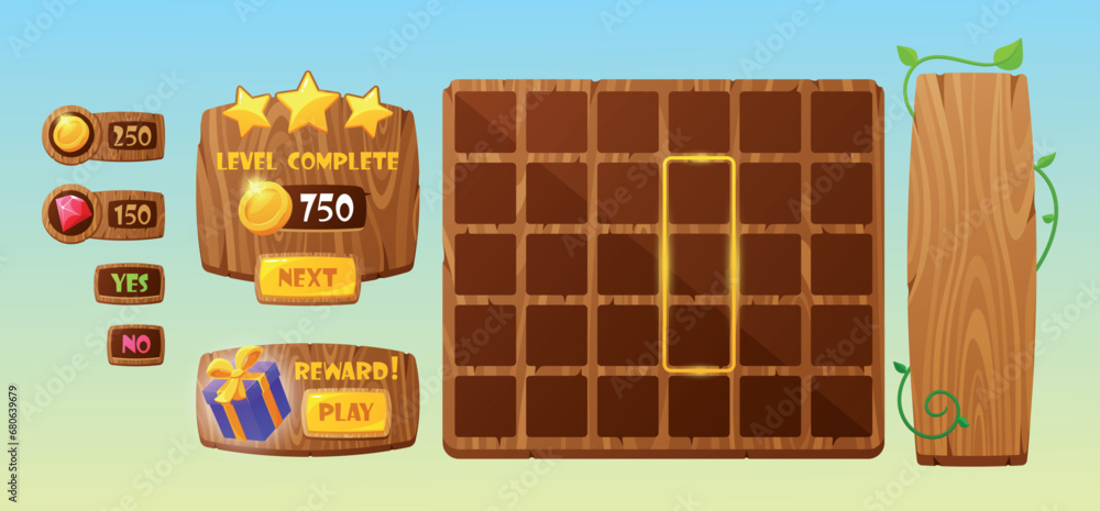 Poster forest game menu interface, wooden board with checks, buttons, and options. cartoon vector ui or gui