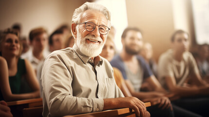Portrait of An elderly happy senior man is sitting at a lecture with young students. The concept of the Continuous Learning, Improvement.  - obrazy, fototapety, plakaty