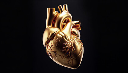 Heart of gold, literally taken, human heart organ made out of gold isolated on black background - obrazy, fototapety, plakaty