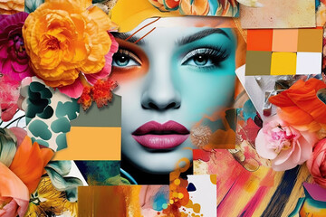 Young woman collaged with flowers in bright colors as abstract art collage - obrazy, fototapety, plakaty