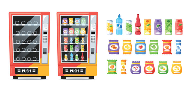 Vending Machines With Snacks And Beverages, Offering A Tempting Array Of Treats. The Hum Of Convenience, Modern Devices