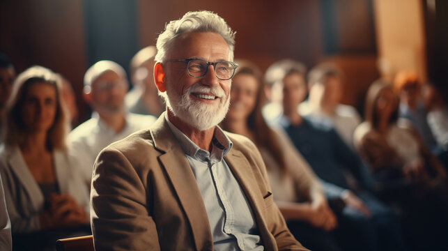 Portrait of An elderly happy senior man is sitting at a lecture with young students. The concept of the Continuous Learning, Improvement. 