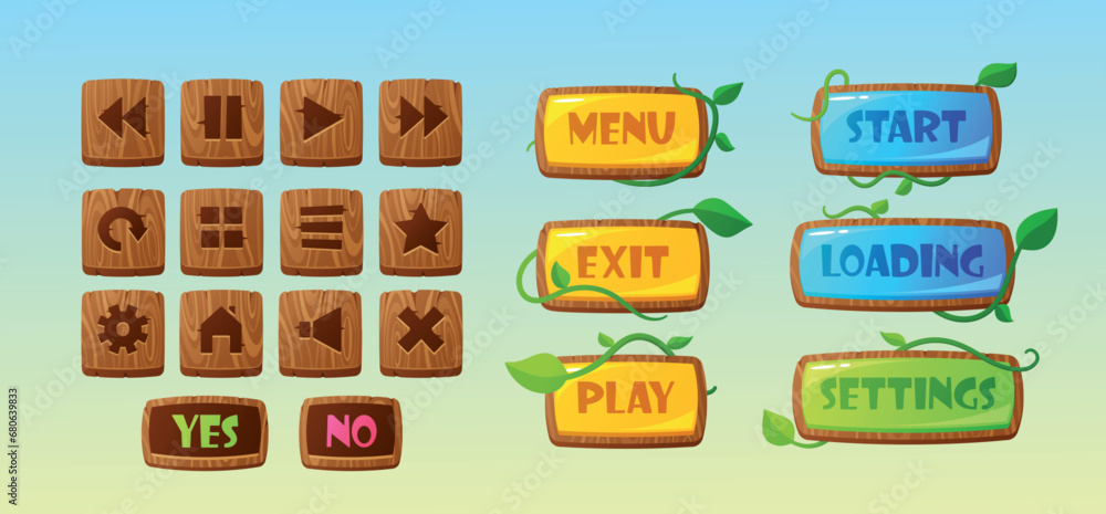 Poster game menu interface, wooden board with buttons restart, loading, play, settings and exit. cartoon ve